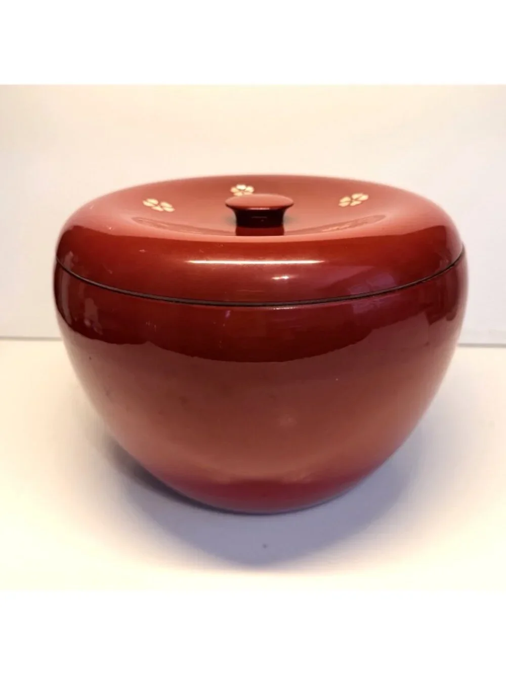 Japanese Wood Red Lacquer Ohitsu Rice Serving Bowl Mother of Pearl Inlay